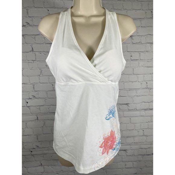 Eddie Bauer Sport White Floral Racer Back Padded V Neck Work Out Tank Top L - Picture 1 of 9